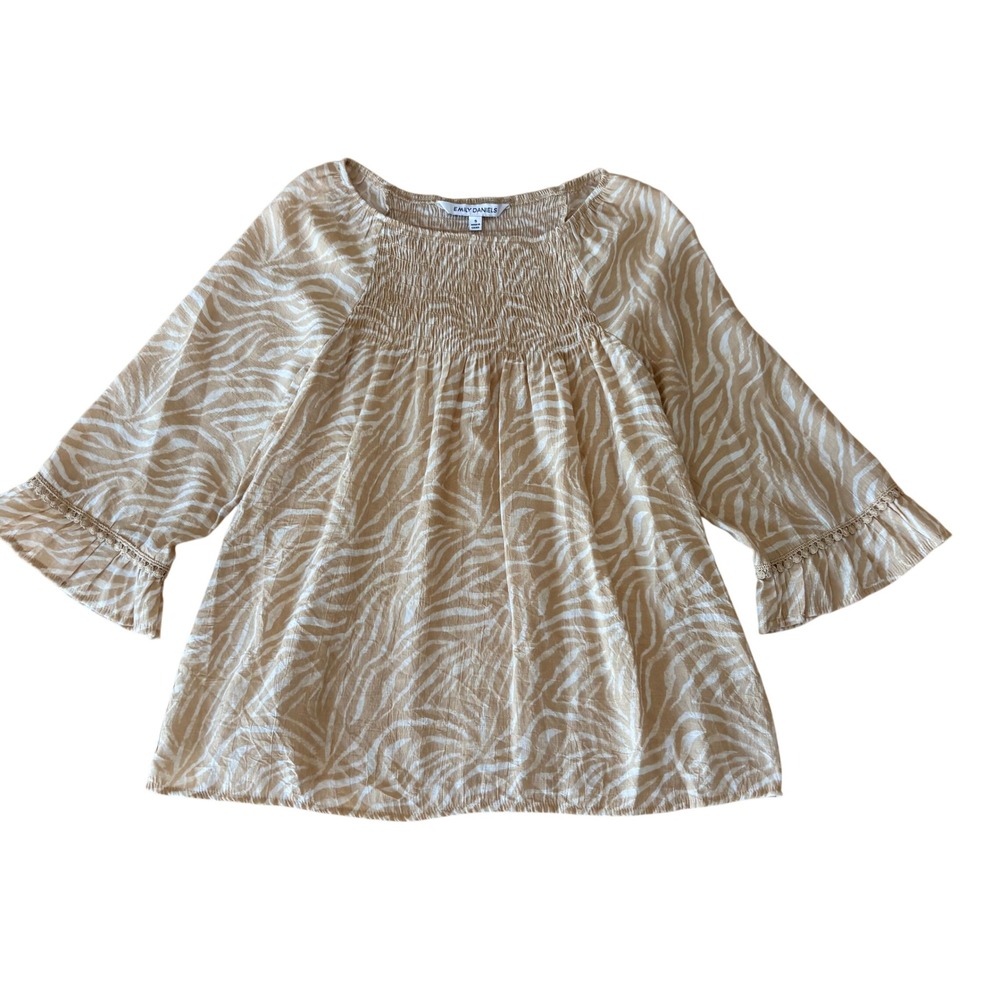 Emily Daniels Zebra Print Smocked Blouse Tan Minimalist Mobwife 3/4 Sleeve Small